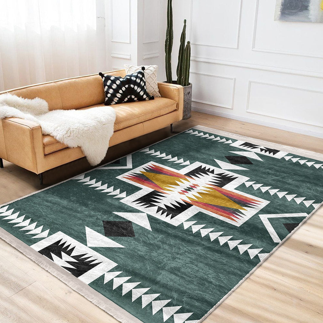 Rug Design Carpet|Southwestern Rug|Ethnic Pattern Machine-Washable Non-Slip Rug|Aztec Fringed Anti-Slip Floor Mat|Rustic Geometric Decor
