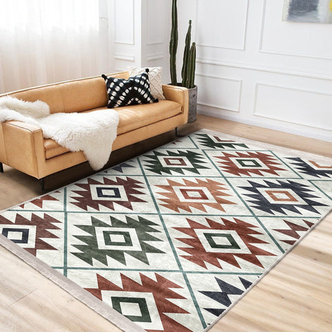 Rug Design Carpet|Southwestern Rug|Kilim Pattern Machine-Washable Non-Slip Mat|Aztec Fringed Anti-Slip Floor Mat|Ethnic Geometric Decor