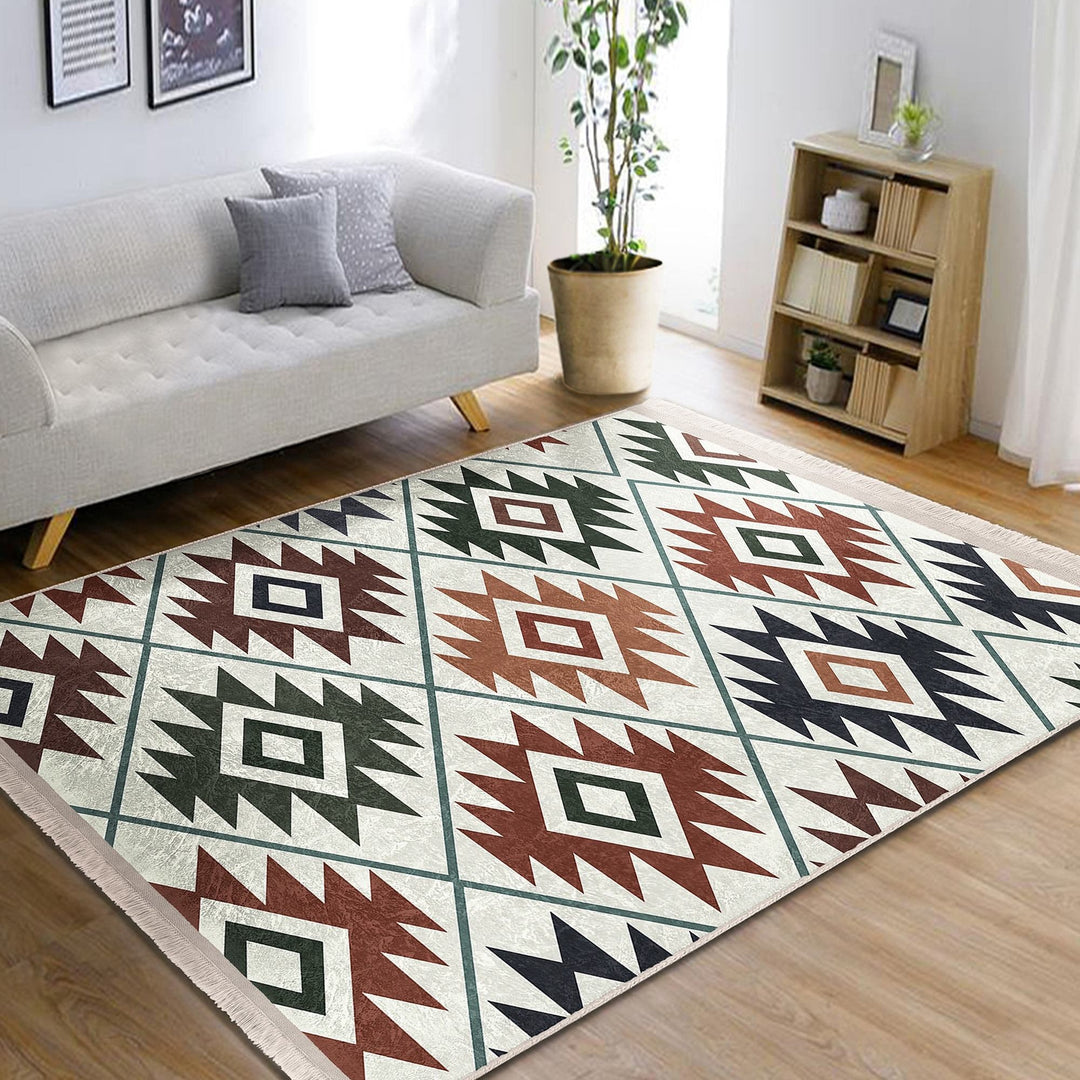 Rug Design Carpet|Southwestern Rug|Kilim Pattern Machine-Washable Non-Slip Mat|Aztec Fringed Anti-Slip Floor Mat|Ethnic Geometric Decor