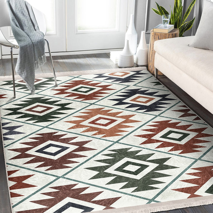 Rug Design Carpet|Southwestern Rug|Kilim Pattern Machine-Washable Non-Slip Mat|Aztec Fringed Anti-Slip Floor Mat|Ethnic Geometric Decor