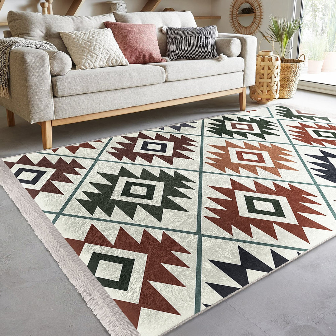 Rug Design Carpet|Southwestern Rug|Kilim Pattern Machine-Washable Non-Slip Mat|Aztec Fringed Anti-Slip Floor Mat|Ethnic Geometric Decor