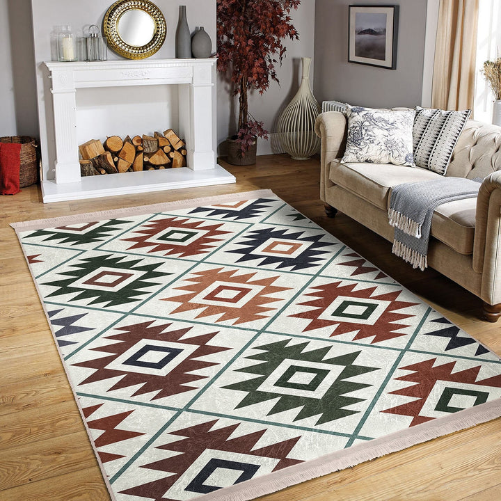 Rug Design Carpet|Southwestern Rug|Kilim Pattern Machine-Washable Non-Slip Mat|Aztec Fringed Anti-Slip Floor Mat|Ethnic Geometric Decor