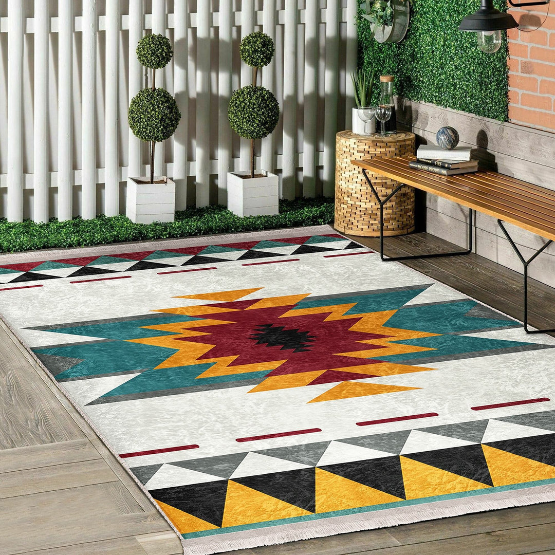Rug Design Carpet|Terracotta Southwestern Rug|Rustic Pattern Machine-Washable Non-Slip Rug|Aztec Fringed Anti-Slip Floor Mat|Ethnic Decor