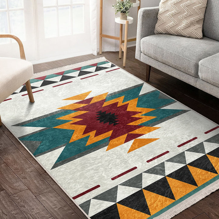 Rug Design Carpet|Terracotta Southwestern Rug|Rustic Pattern Machine-Washable Non-Slip Rug|Aztec Fringed Anti-Slip Floor Mat|Ethnic Decor