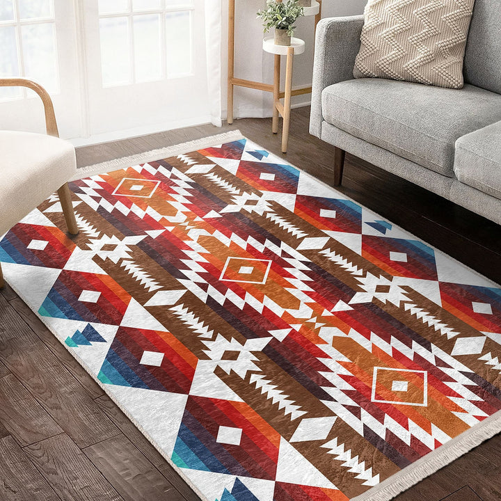 Rug Design Carpet|Southwestern Rug|Terracotta Rustic Machine-Washable Non-Slip Rug|Aztec Fringed Anti-Slip Floor Mat|Ethnic Geometric Decor