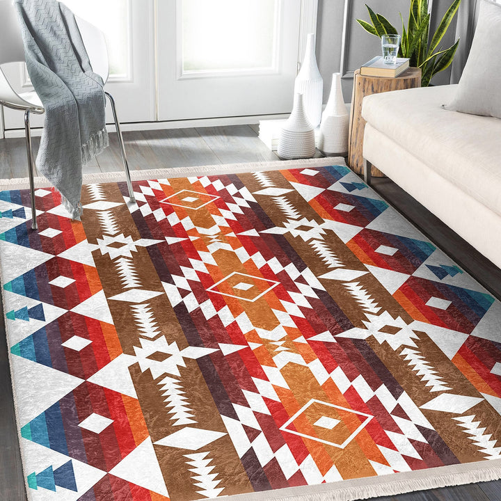 Rug Design Carpet|Southwestern Rug|Terracotta Rustic Machine-Washable Non-Slip Rug|Aztec Fringed Anti-Slip Floor Mat|Ethnic Geometric Decor