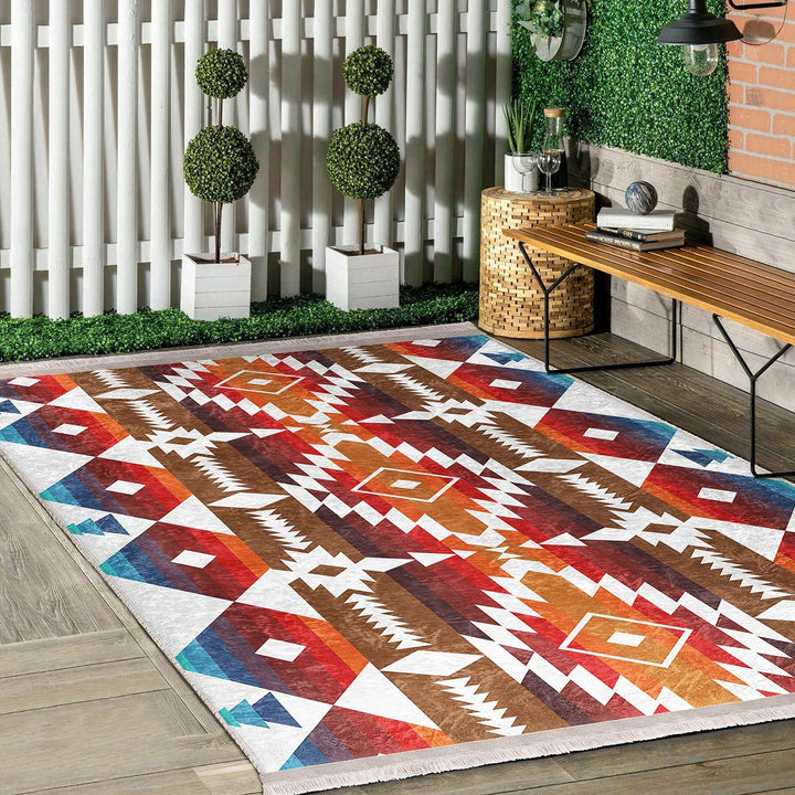 Rug Design Carpet|Southwestern Rug|Terracotta Rustic Machine-Washable Non-Slip Rug|Aztec Fringed Anti-Slip Floor Mat|Ethnic Geometric Decor