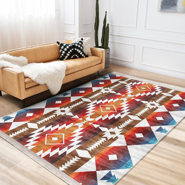 Rug Design Carpet|Southwestern Rug|Terracotta Rustic Machine-Washable Non-Slip Rug|Aztec Fringed Anti-Slip Floor Mat|Ethnic Geometric Decor