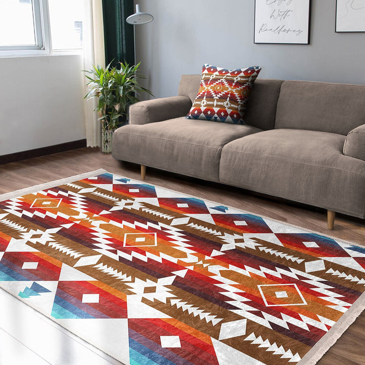 Rug Design Carpet|Southwestern Rug|Terracotta Rustic Machine-Washable Non-Slip Rug|Aztec Fringed Anti-Slip Floor Mat|Ethnic Geometric Decor