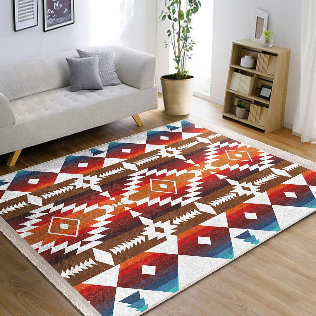 Rug Design Carpet|Southwestern Rug|Terracotta Rustic Machine-Washable Non-Slip Rug|Aztec Fringed Anti-Slip Floor Mat|Ethnic Geometric Decor