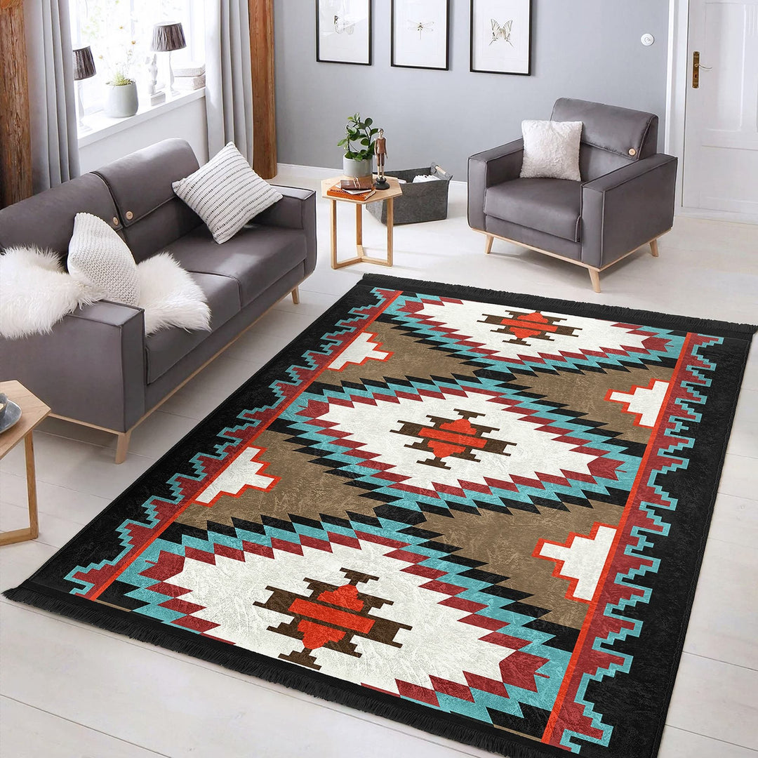 Rug Design Carpet|Southwestern Carpet|Rustic Pattern Machine-Washable Non-Slip Rug|Aztec Fringed Anti-Slip Floor Mat|Ethnic Geometric Decor
