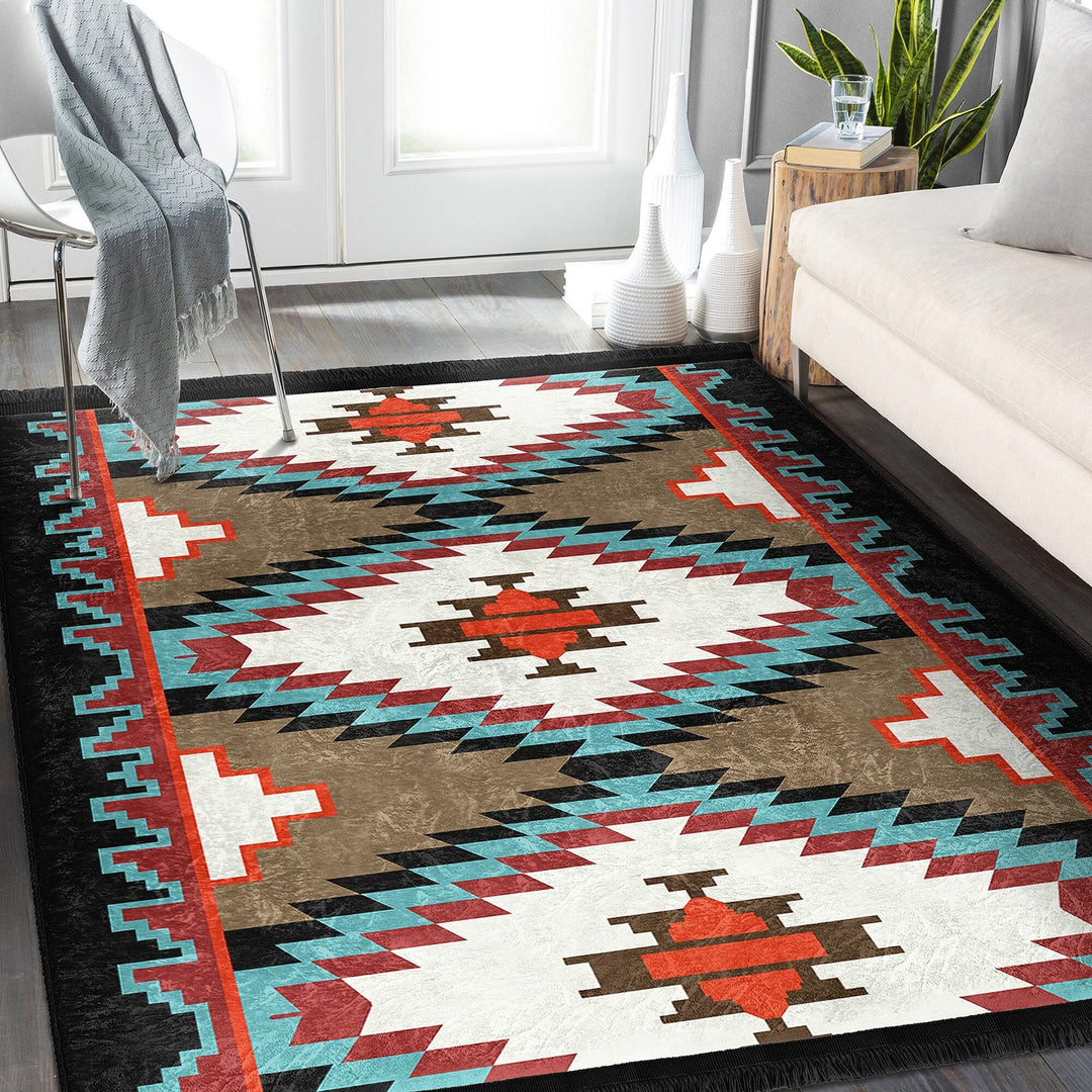 Rug Design Carpet|Southwestern Carpet|Rustic Pattern Machine-Washable Non-Slip Rug|Aztec Fringed Anti-Slip Floor Mat|Ethnic Geometric Decor