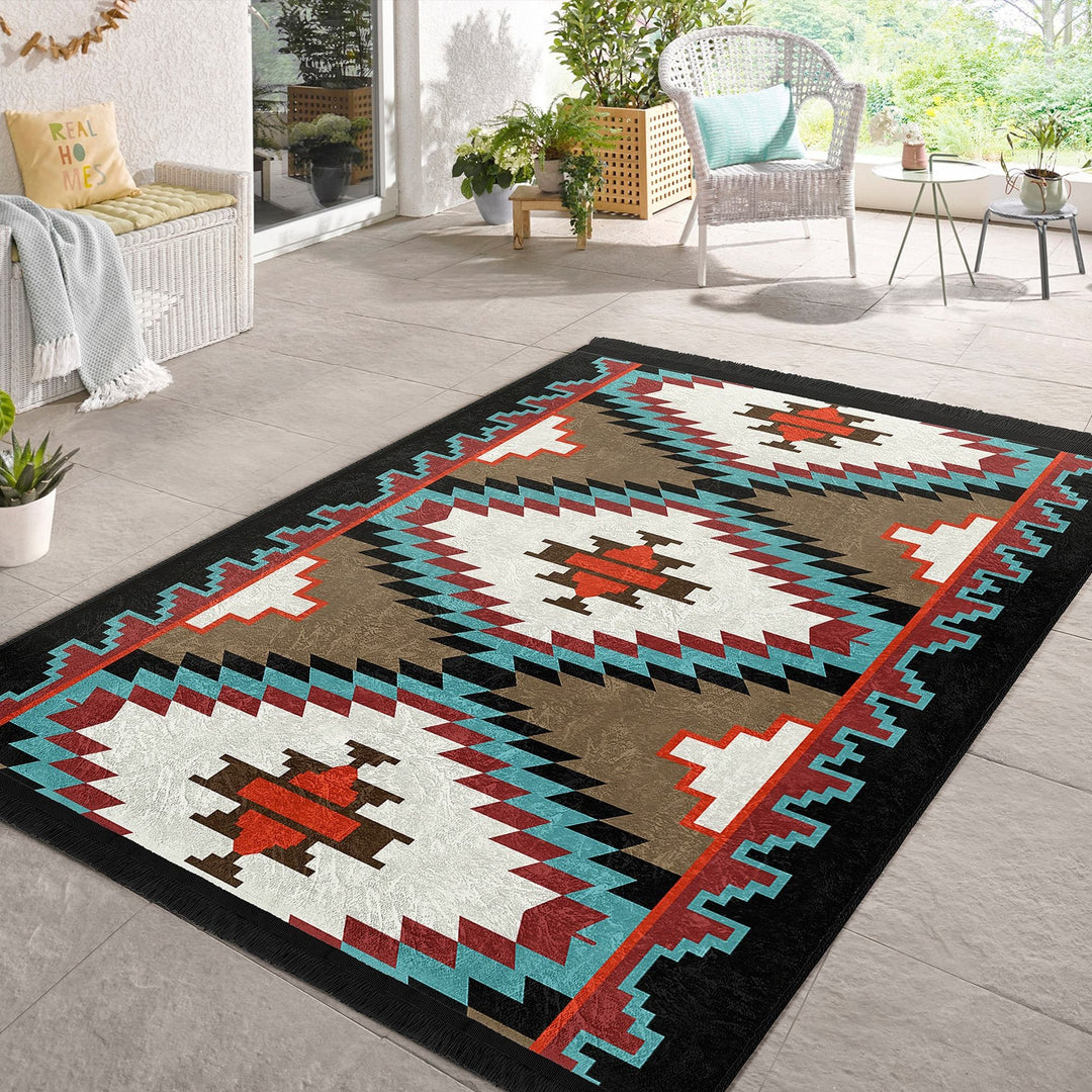 Rug Design Carpet|Southwestern Carpet|Rustic Pattern Machine-Washable Non-Slip Rug|Aztec Fringed Anti-Slip Floor Mat|Ethnic Geometric Decor