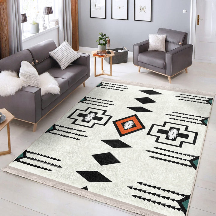 Rug Design Carpet|Aztec Fringed Anti-Slip Floor Mat|Farmhouse Southwestern Rug|Rustic Machine-Washable Non-Slip Mat|Ethnic Geometric Decor