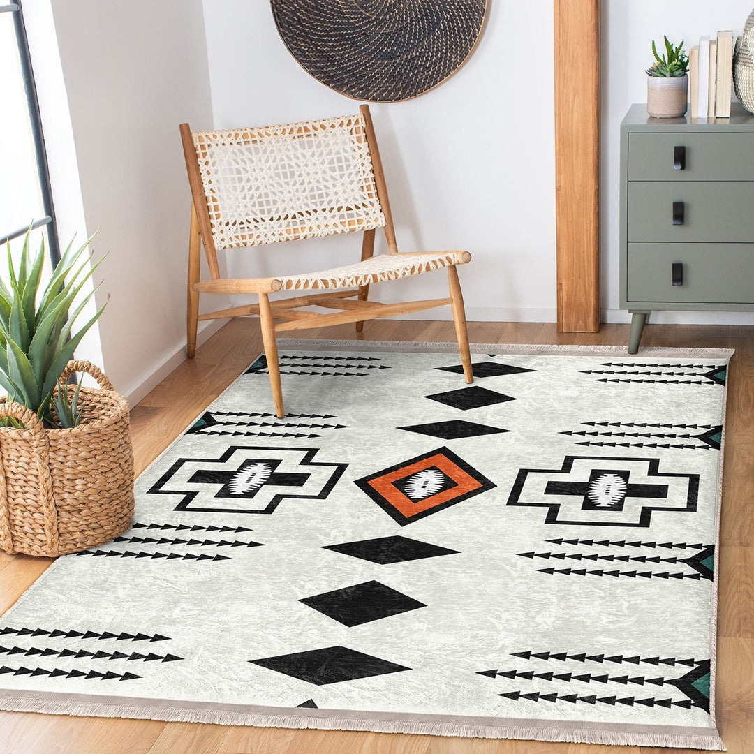 Rug Design Carpet|Aztec Fringed Anti-Slip Floor Mat|Farmhouse Southwestern Rug|Rustic Machine-Washable Non-Slip Mat|Ethnic Geometric Decor