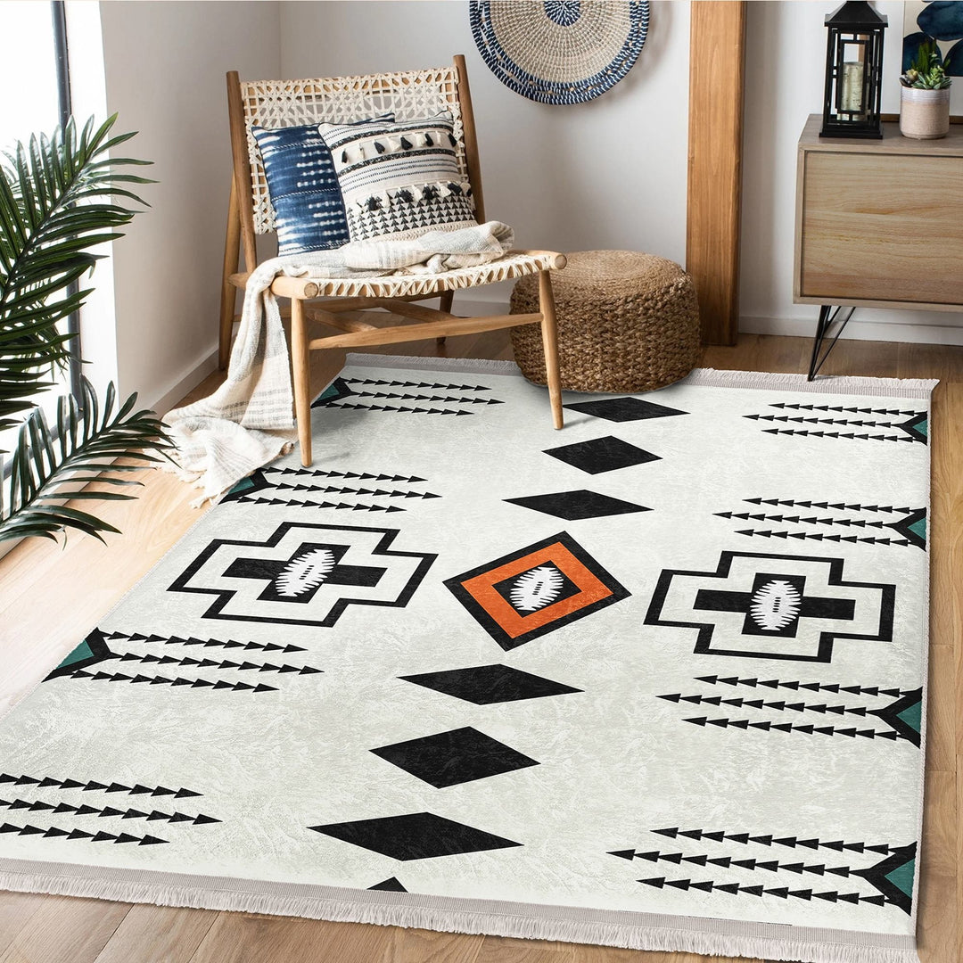 Rug Design Carpet|Aztec Fringed Anti-Slip Floor Mat|Farmhouse Southwestern Rug|Rustic Machine-Washable Non-Slip Mat|Ethnic Geometric Decor