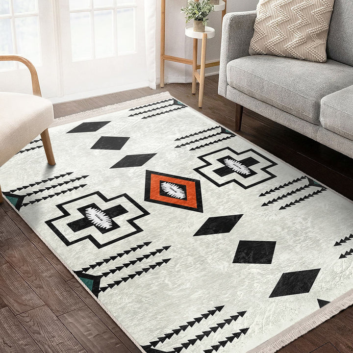 Rug Design Carpet|Aztec Fringed Anti-Slip Floor Mat|Farmhouse Southwestern Rug|Rustic Machine-Washable Non-Slip Mat|Ethnic Geometric Decor