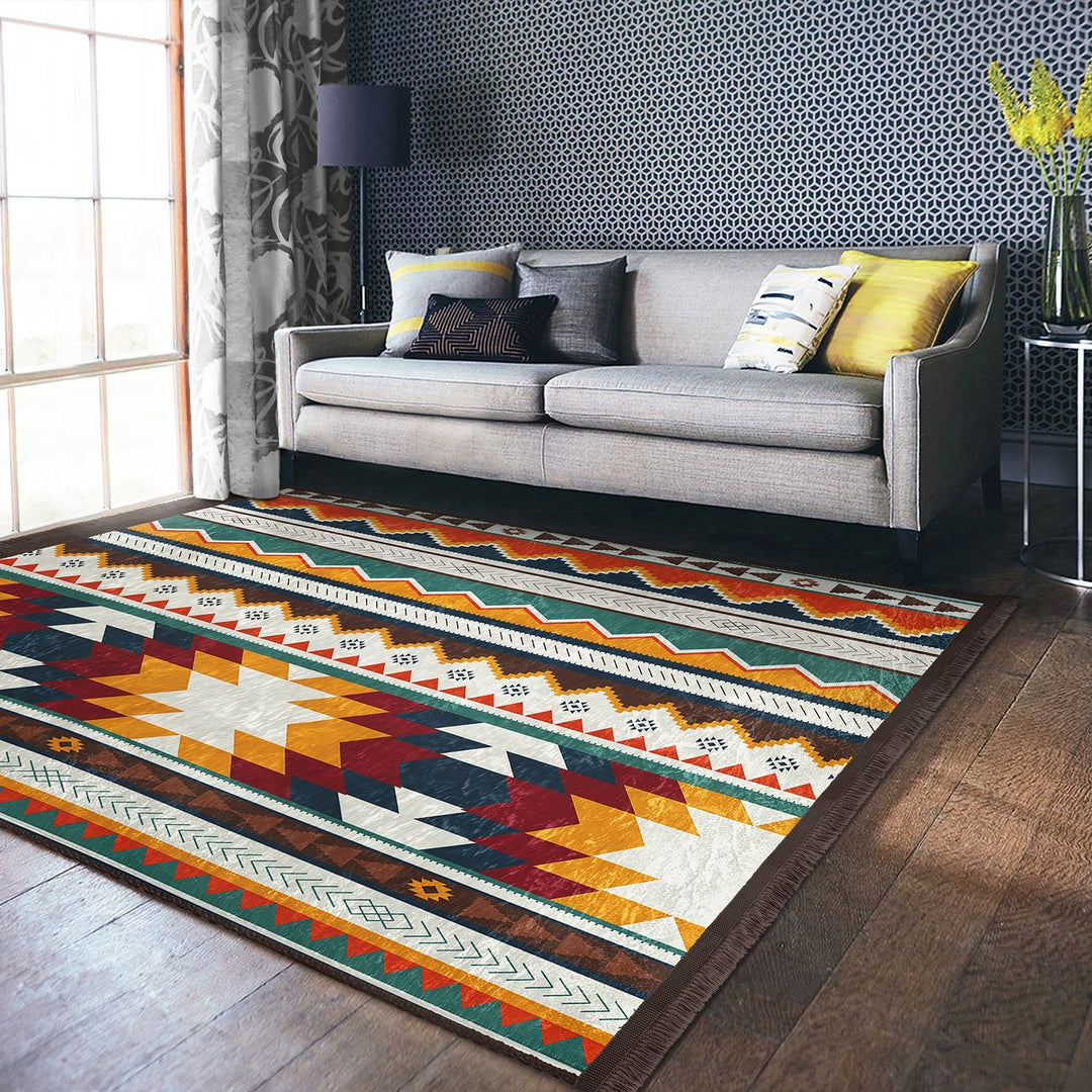 Rug Design Carpet|Southwestern Rug|Rustic Terracotta Machine-Washable Non-Slip Rug|Aztec Fringed Anti-Slip Floor Mat|Ethnic Geometric Decor