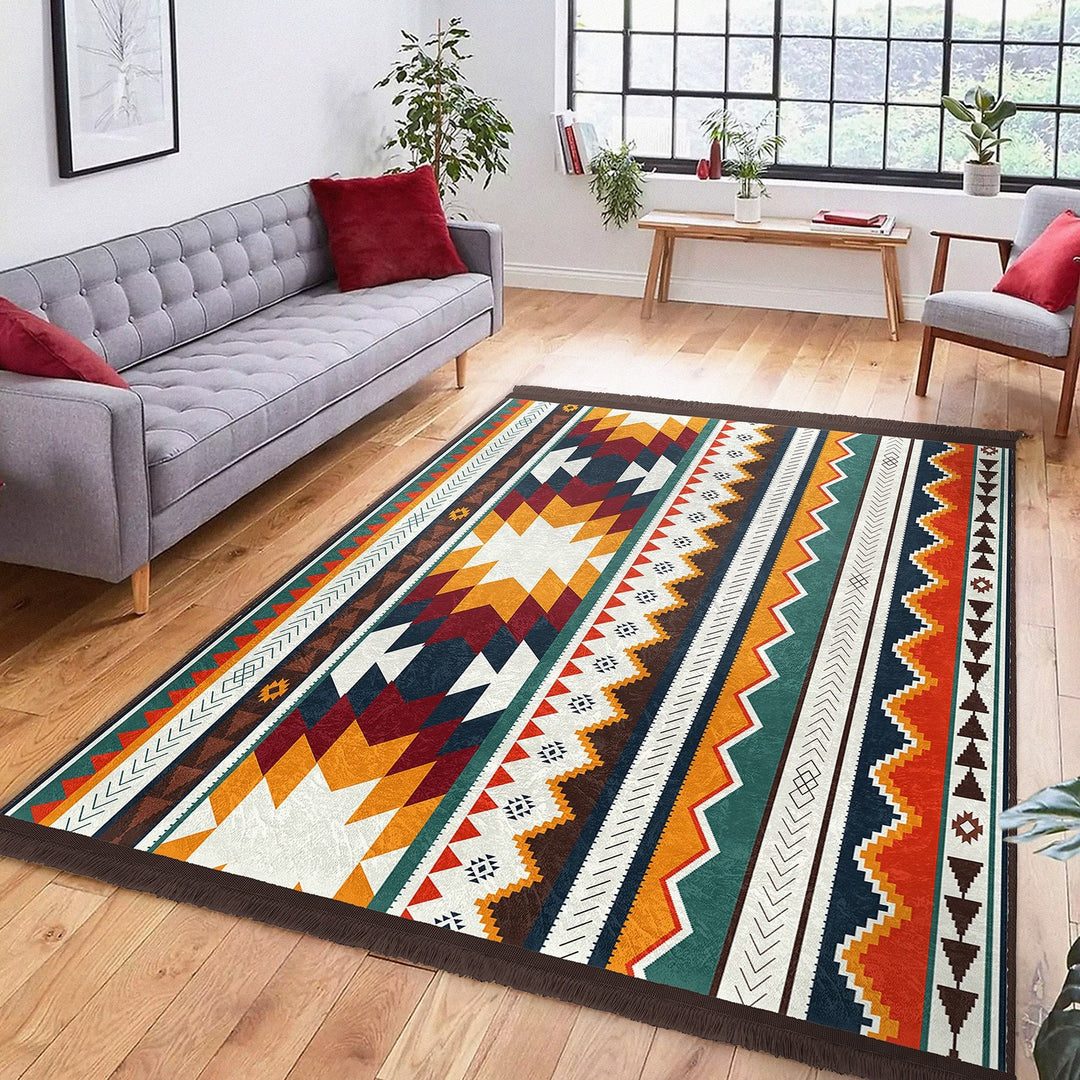 Rug Design Carpet|Southwestern Rug|Rustic Terracotta Machine-Washable Non-Slip Rug|Aztec Fringed Anti-Slip Floor Mat|Ethnic Geometric Decor