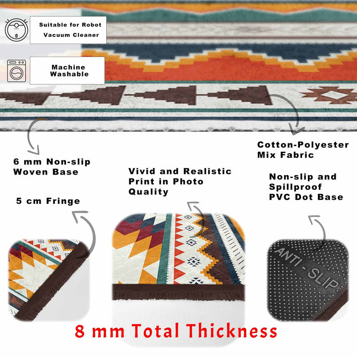 Rug Design Carpet|Southwestern Rug|Rustic Terracotta Machine-Washable Non-Slip Rug|Aztec Fringed Anti-Slip Floor Mat|Ethnic Geometric Decor