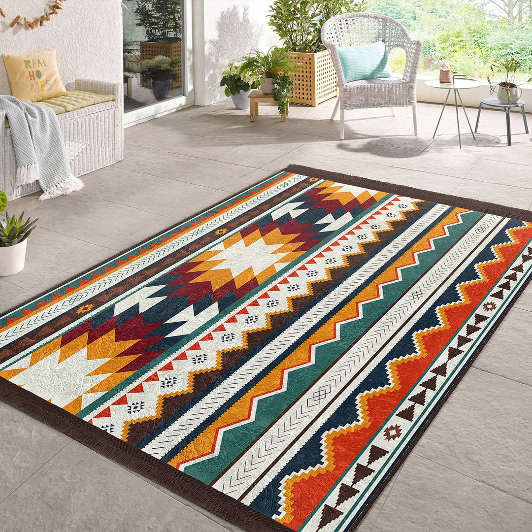 Rug Design Carpet|Southwestern Rug|Rustic Terracotta Machine-Washable Non-Slip Rug|Aztec Fringed Anti-Slip Floor Mat|Ethnic Geometric Decor