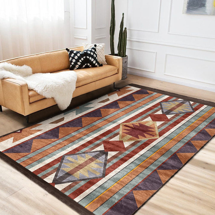 Rug Design Carpet|Southwestern Rug|Aztec Fringed Anti-Slip Floor Mat|Rustic Pattern Machine-Washable Non-Slip Rug|Terracotta Ethnic Carpet