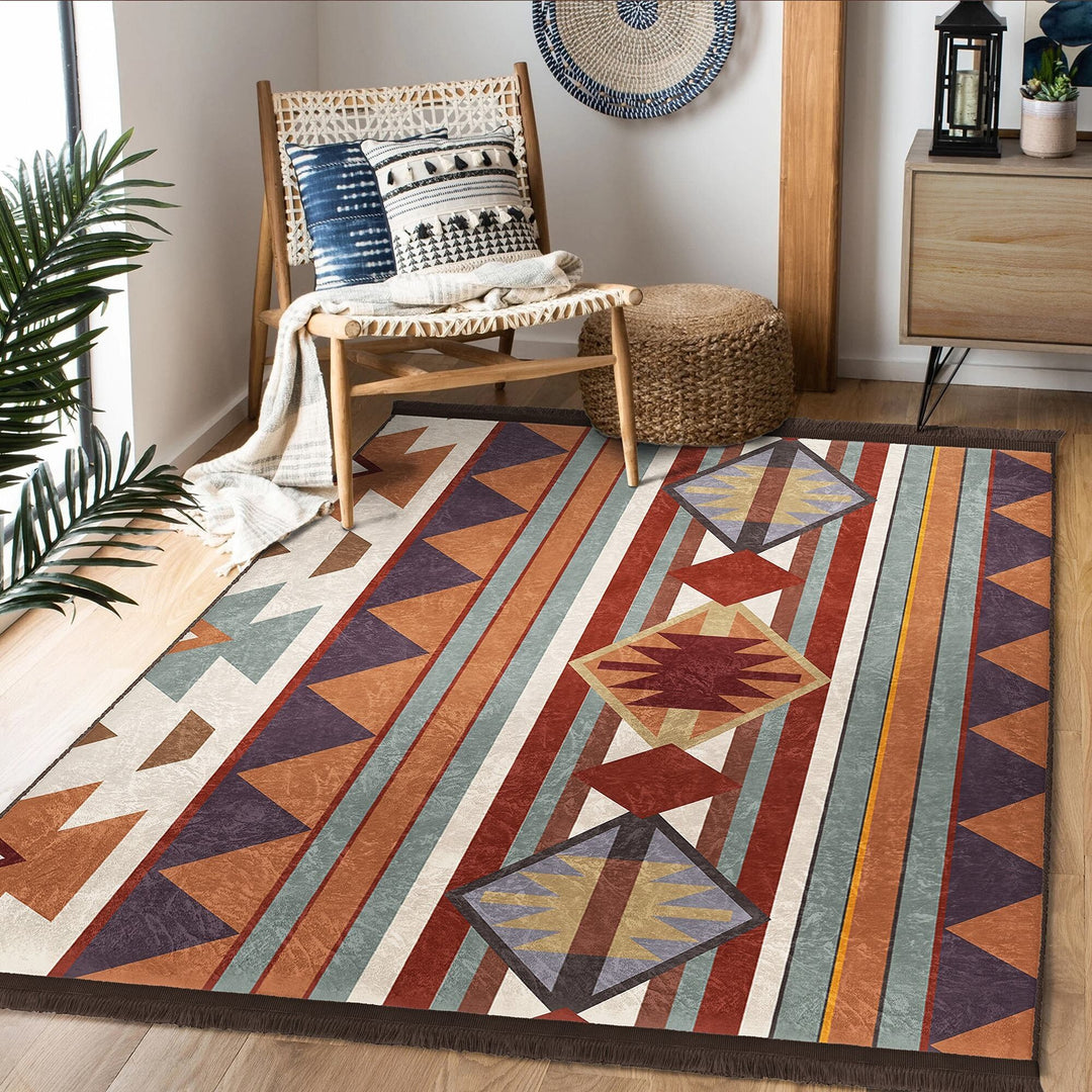 Rug Design Carpet|Southwestern Rug|Aztec Fringed Anti-Slip Floor Mat|Rustic Pattern Machine-Washable Non-Slip Rug|Terracotta Ethnic Carpet