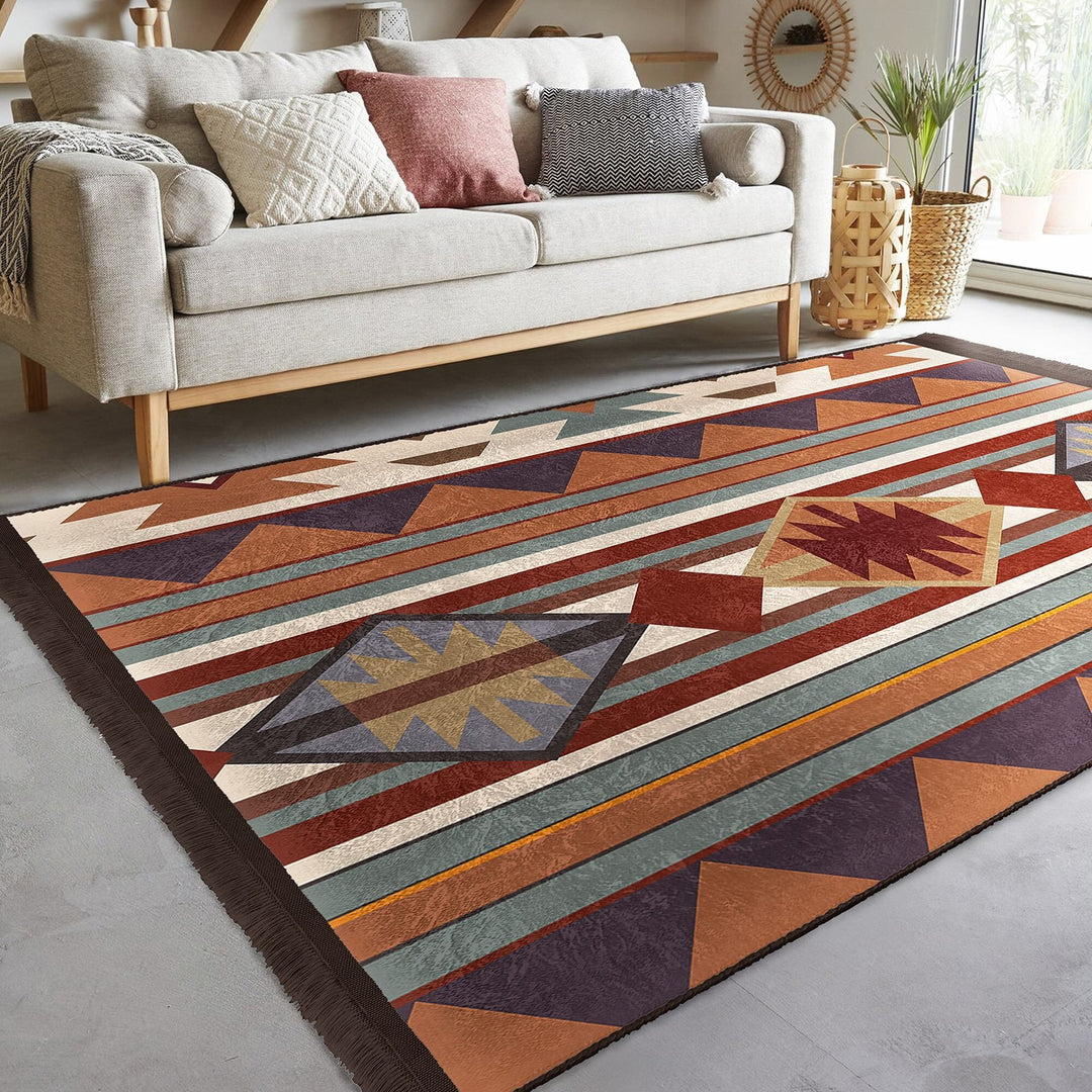 Rug Design Carpet|Southwestern Rug|Aztec Fringed Anti-Slip Floor Mat|Rustic Pattern Machine-Washable Non-Slip Rug|Terracotta Ethnic Carpet