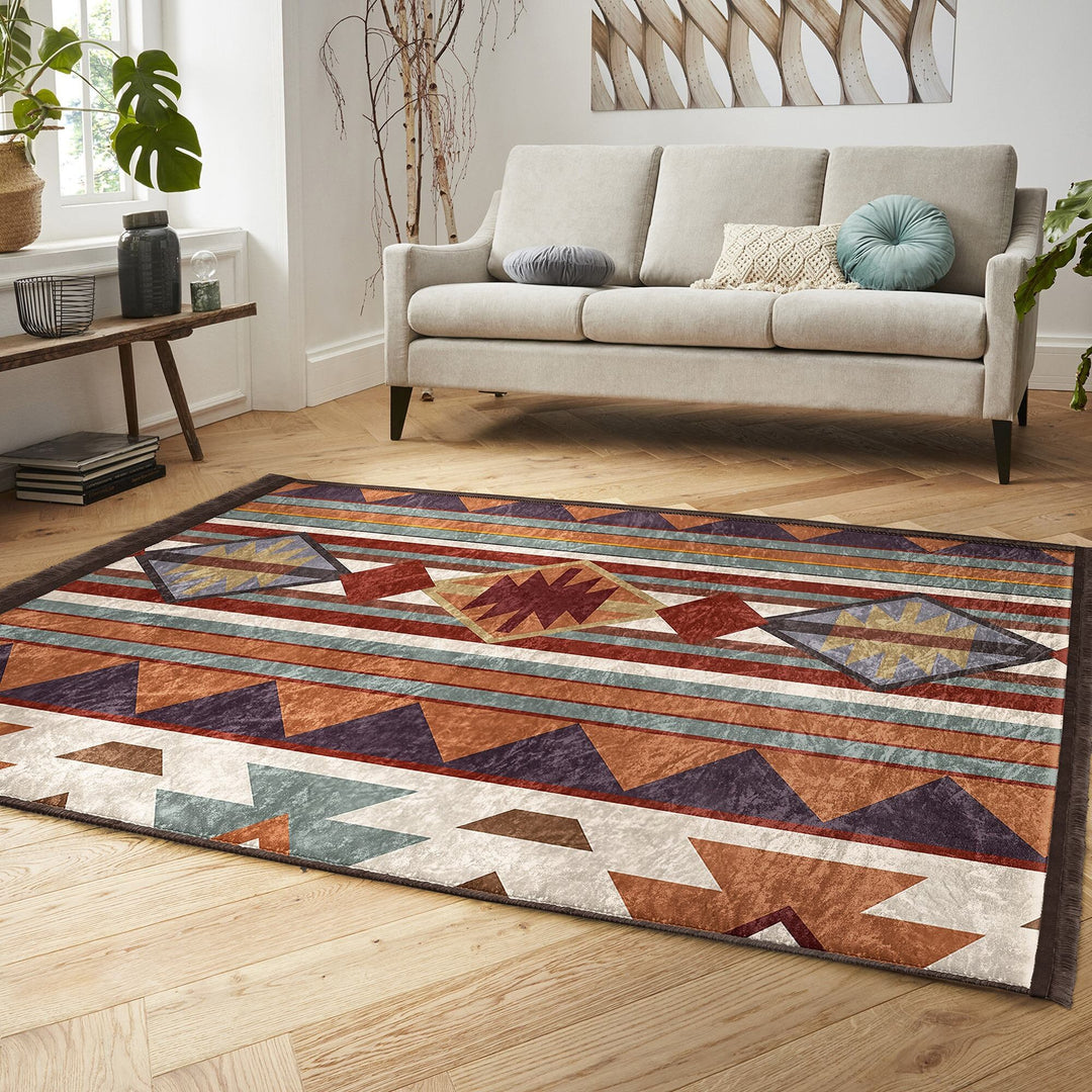 Rug Design Carpet|Southwestern Rug|Aztec Fringed Anti-Slip Floor Mat|Rustic Pattern Machine-Washable Non-Slip Rug|Terracotta Ethnic Carpet