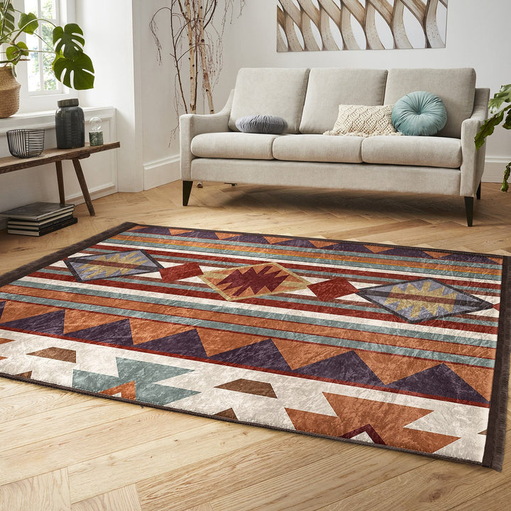 Rug Design Carpet|Southwestern Rug|Aztec Fringed Anti-Slip Floor Mat|Rustic Pattern Machine-Washable Non-Slip Rug|Terracotta Ethnic Carpet