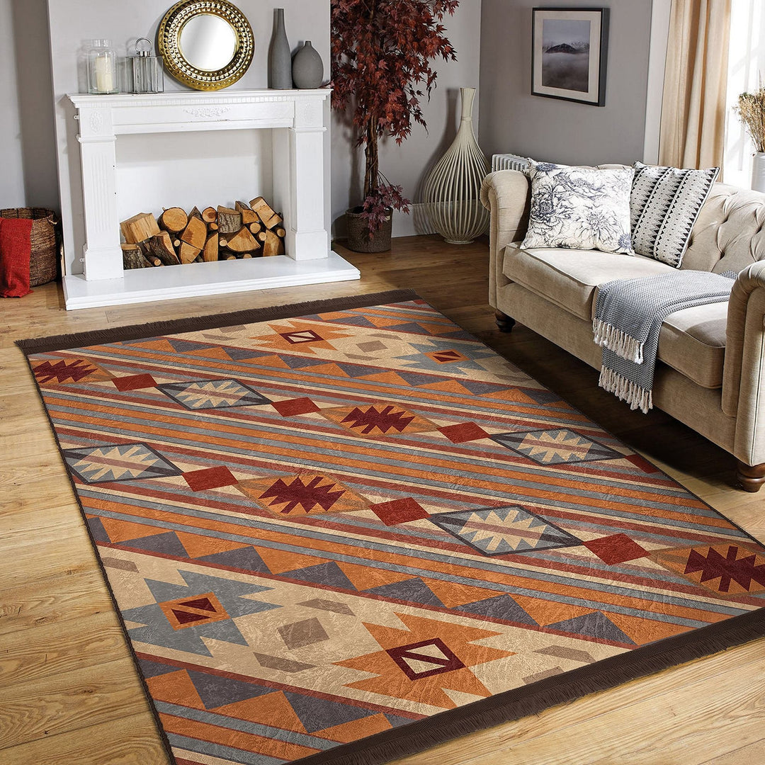 Rug Design Carpet|Farmhouse Terracotta Rug|Ethnic Geometric Machine-Washable Non-Slip Mat|Southwestern Aztec Fringed Anti-Slip Floor Mat
