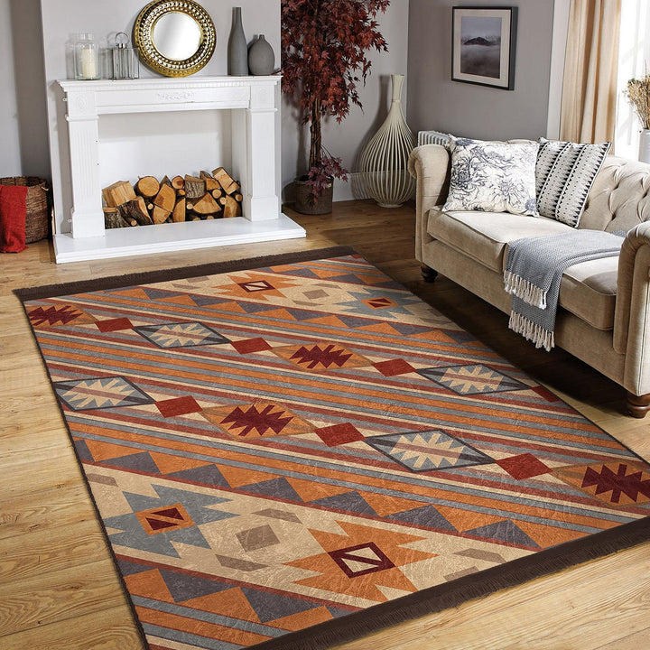 Rug Design Carpet|Farmhouse Terracotta Rug|Ethnic Geometric Machine-Washable Non-Slip Mat|Southwestern Aztec Fringed Anti-Slip Floor Mat
