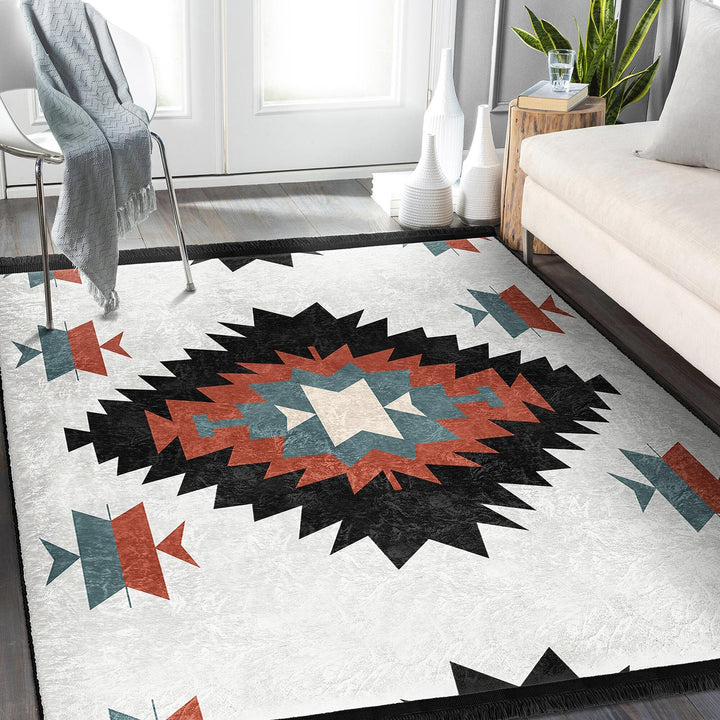 Rug Design Carpet|Aztec Print Fringed Floor Covering|Ethnic Geometric Rug|Southwestern Carpet|Rustic Pattern Machine-Washable Non-Slip Mat