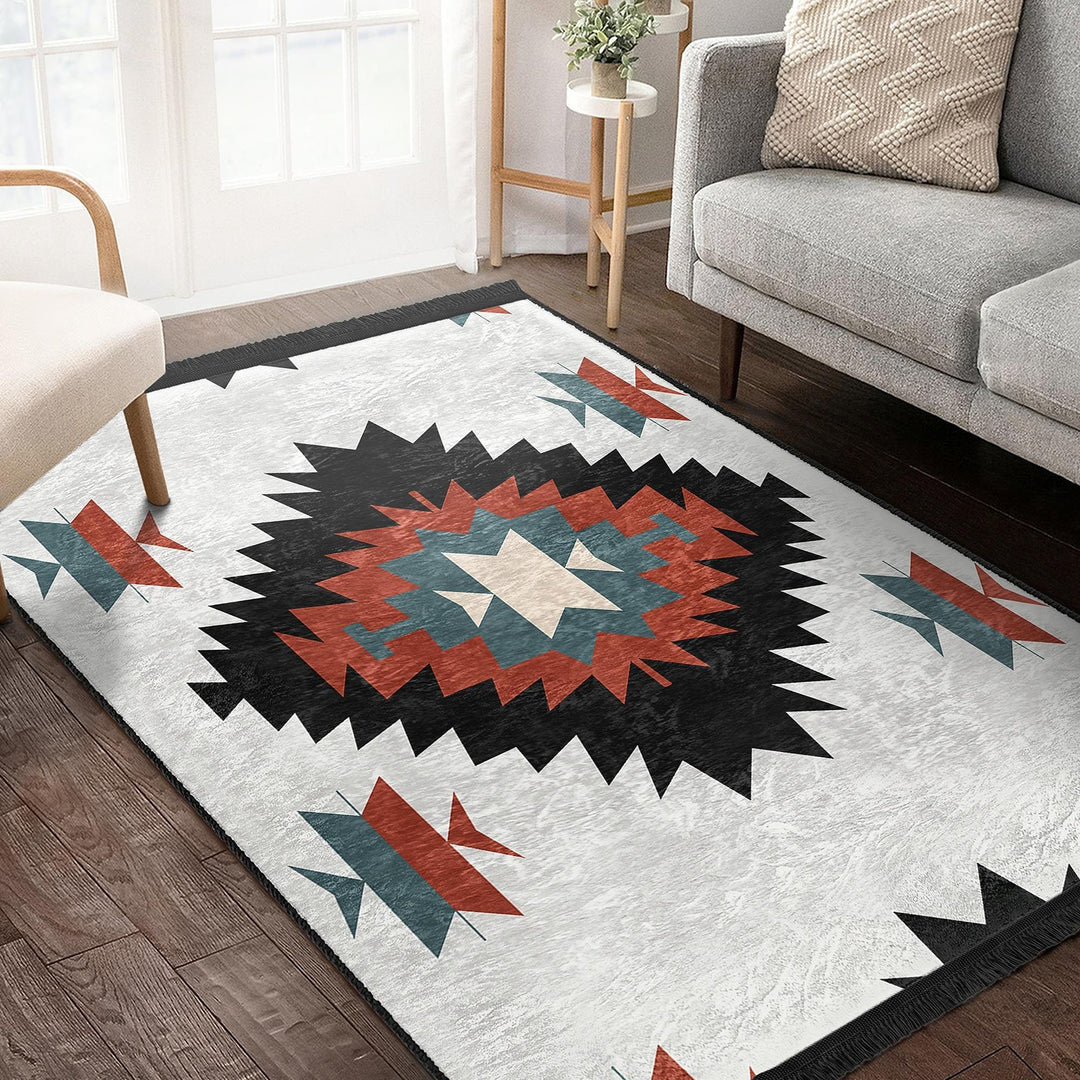 Rug Design Carpet|Aztec Print Fringed Floor Covering|Ethnic Geometric Rug|Southwestern Carpet|Rustic Pattern Machine-Washable Non-Slip Mat