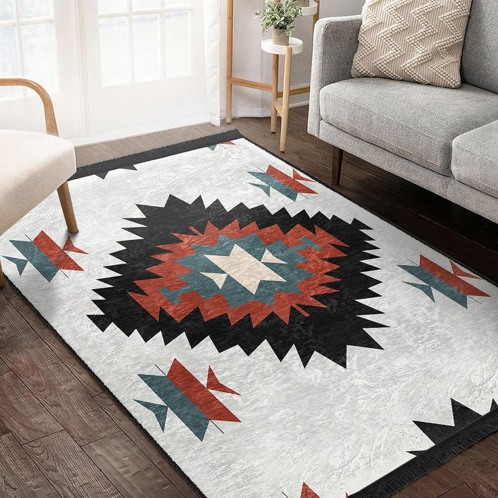Rug Design Carpet|Aztec Print Fringed Floor Covering|Ethnic Geometric Rug|Southwestern Carpet|Rustic Pattern Machine-Washable Non-Slip Mat