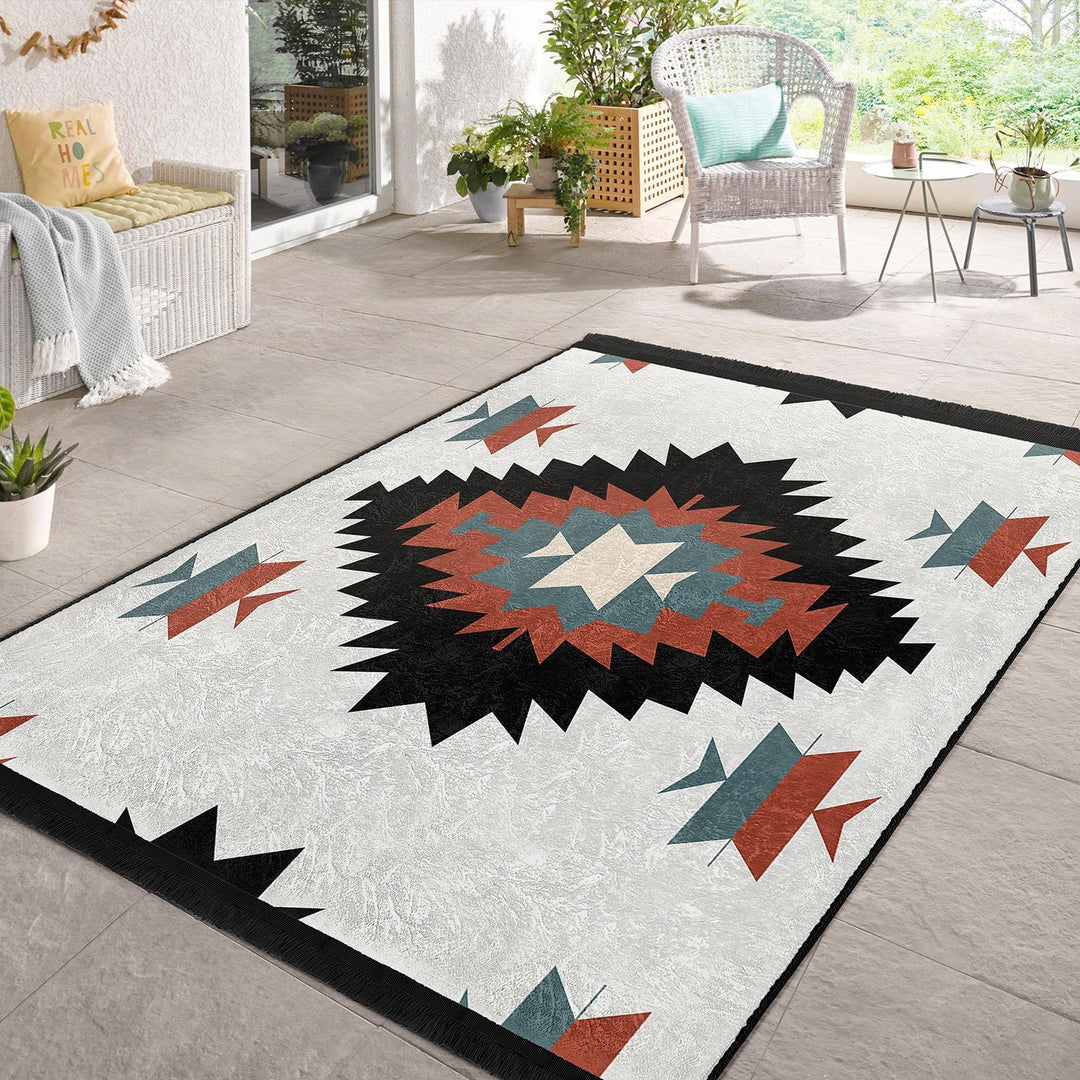 Rug Design Carpet|Aztec Print Fringed Floor Covering|Ethnic Geometric Rug|Southwestern Carpet|Rustic Pattern Machine-Washable Non-Slip Mat