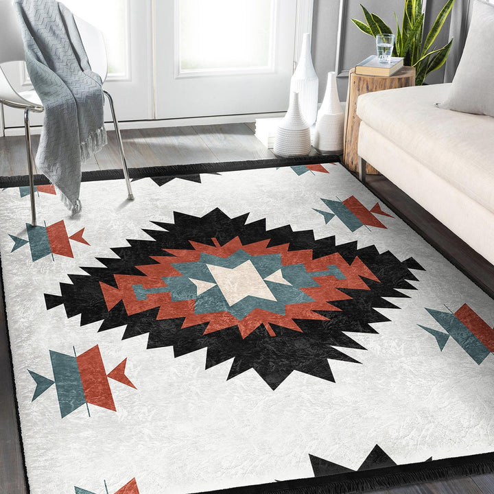 Rug Design Carpet|Aztec Print Fringed Floor Covering|Ethnic Geometric Rug|Southwestern Carpet|Rustic Pattern Machine-Washable Non-Slip Mat