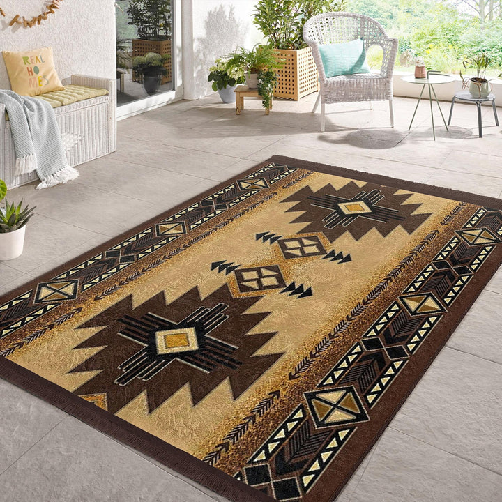 Rug Design Carpet|Ethnic Decorative Area Rug|Southwestern Carpet|Aztec Fringed Floor Covering|Rustic Pattern Machine-Washable Non-Slip Rug