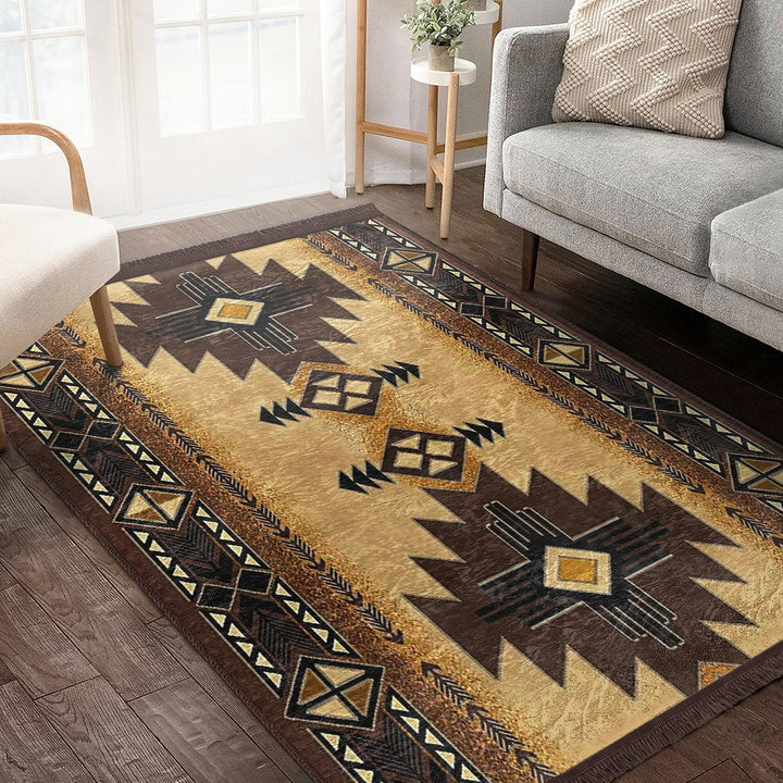 Rug Design Carpet|Ethnic Decorative Area Rug|Southwestern Carpet|Aztec Fringed Floor Covering|Rustic Pattern Machine-Washable Non-Slip Rug