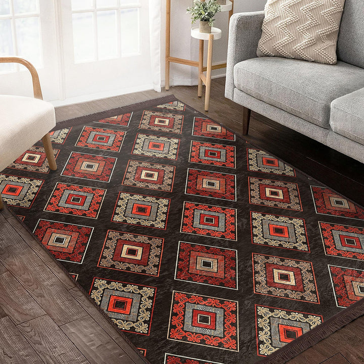 Rug Design Carpet|Ethnic Geometric Rug|Southwestern Carpet|Kilim Pattern Fringed Floor Covering|Rustic Pattern Machine-Washable Non-Slip Rug