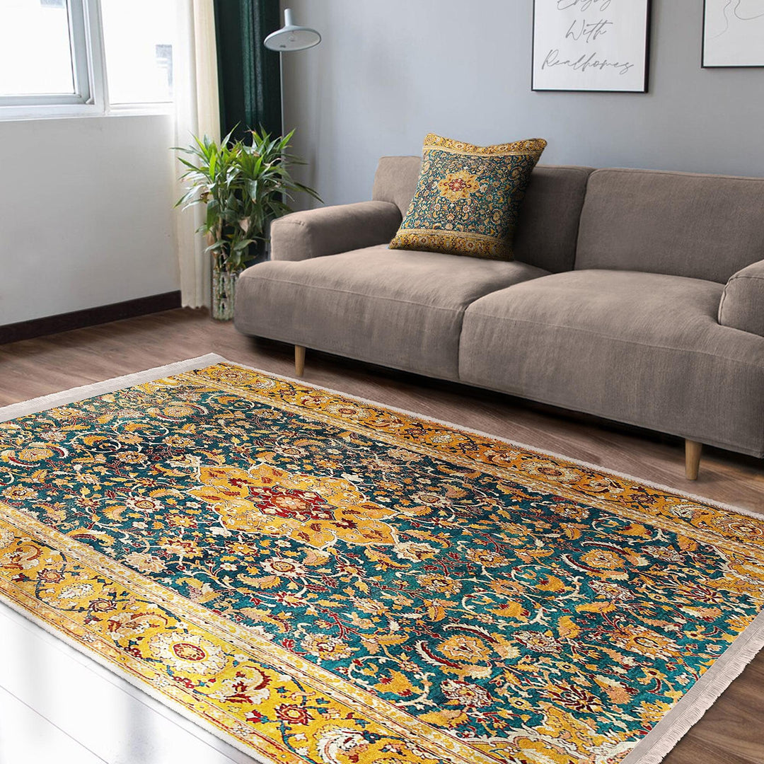 Kilim Pattern Carpet|Ethnic Geometric Rug|Farmhouse Carpet|Decorative Fringed Floor Covering|Rustic Pattern Machine-Washable Non-Slip Rug