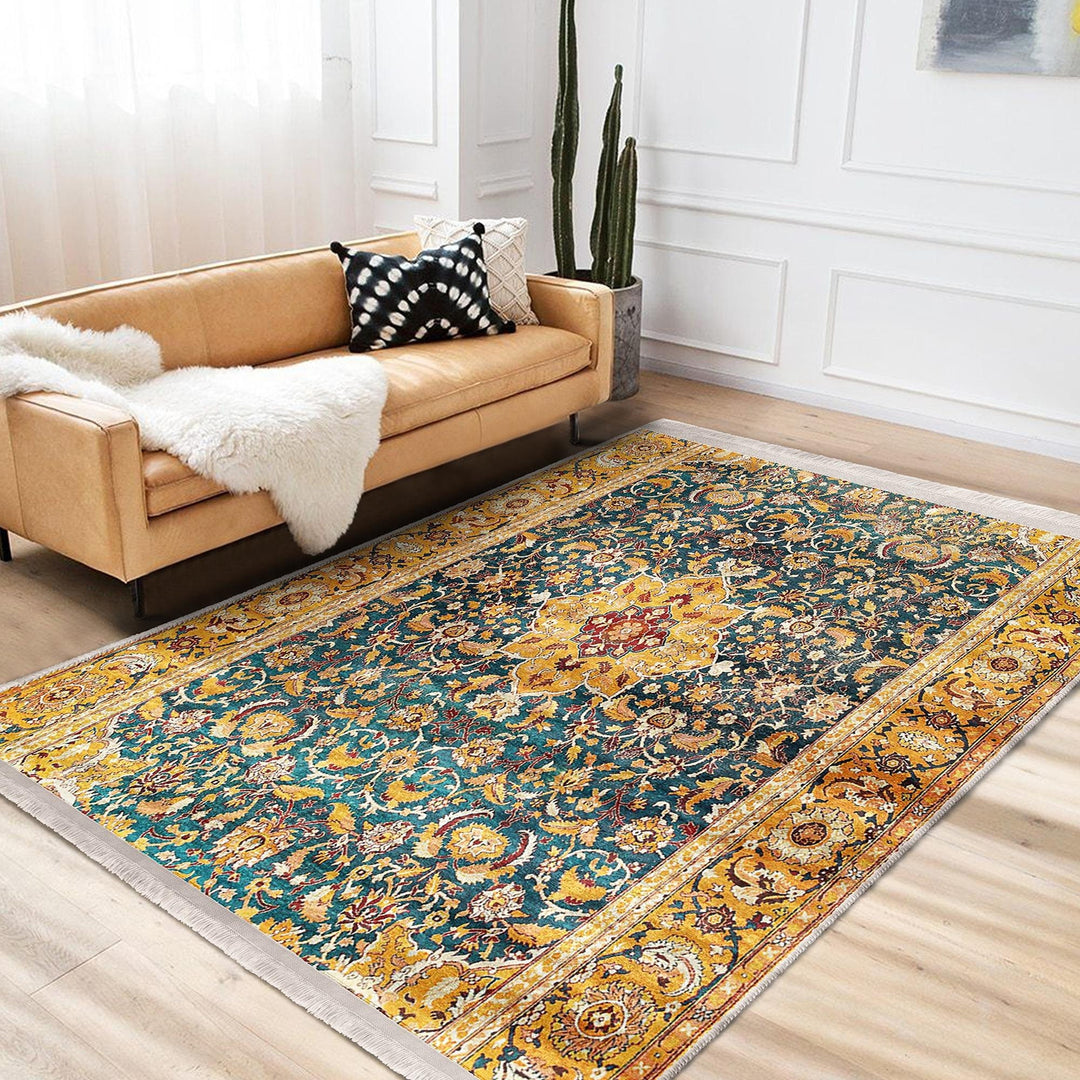 Kilim Pattern Carpet|Ethnic Geometric Rug|Farmhouse Carpet|Decorative Fringed Floor Covering|Rustic Pattern Machine-Washable Non-Slip Rug