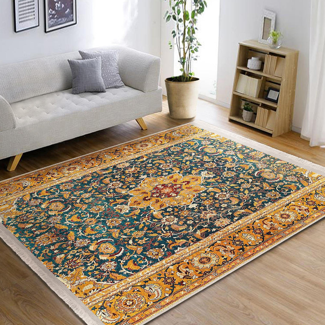 Kilim Pattern Carpet|Ethnic Geometric Rug|Farmhouse Carpet|Decorative Fringed Floor Covering|Rustic Pattern Machine-Washable Non-Slip Rug