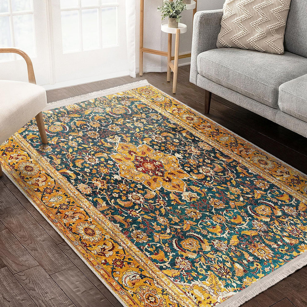 Kilim Pattern Carpet|Ethnic Geometric Rug|Farmhouse Carpet|Decorative Fringed Floor Covering|Rustic Pattern Machine-Washable Non-Slip Rug