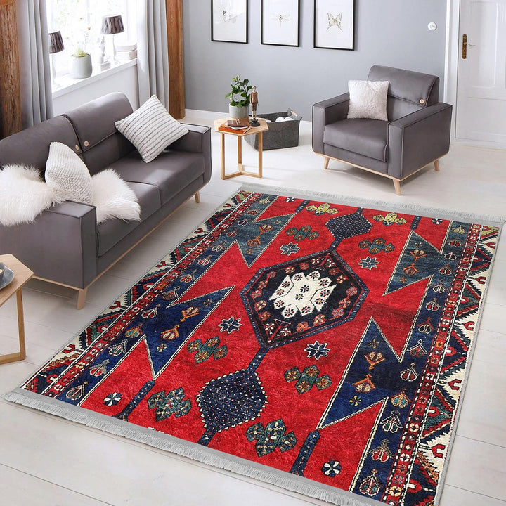Rug Design Carpet|Ethnic Geometric Rug|Kilim Design Carpet|Anatolian Fringed Floor Covering|Rustic Pattern Machine-Washable Non-Slip Rug