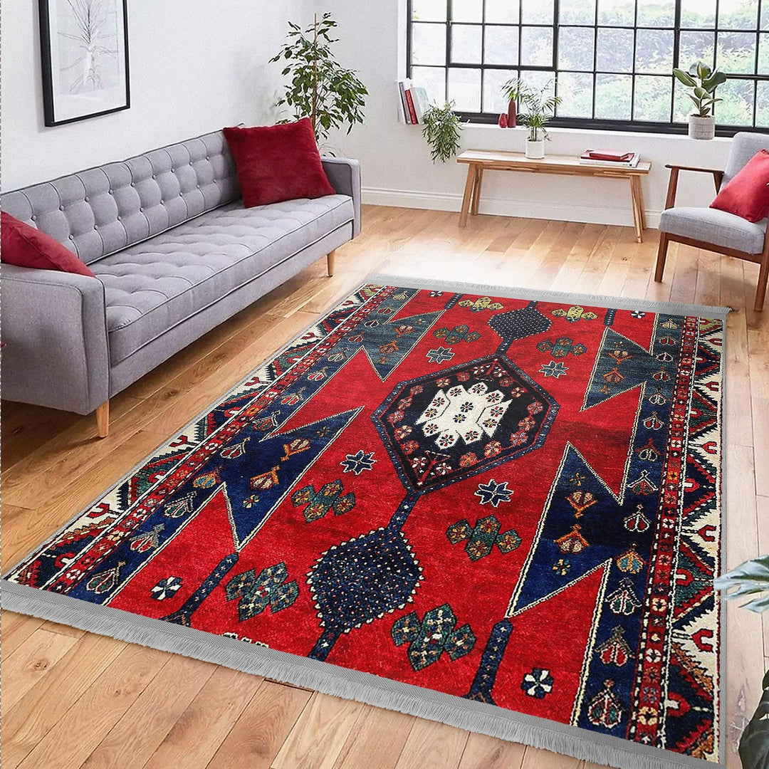 Rug Design Carpet|Ethnic Geometric Rug|Kilim Design Carpet|Anatolian Fringed Floor Covering|Rustic Pattern Machine-Washable Non-Slip Rug