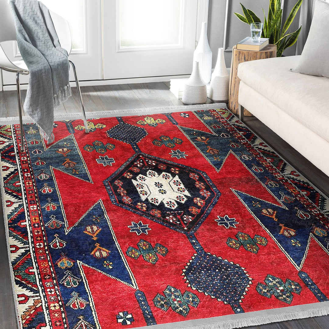 Rug Design Carpet|Ethnic Geometric Rug|Kilim Design Carpet|Anatolian Fringed Floor Covering|Rustic Pattern Machine-Washable Non-Slip Rug