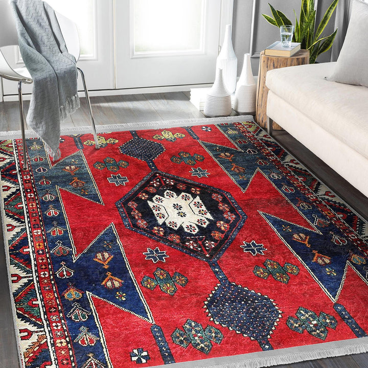 Rug Design Carpet|Ethnic Geometric Rug|Kilim Design Carpet|Anatolian Fringed Floor Covering|Rustic Pattern Machine-Washable Non-Slip Rug