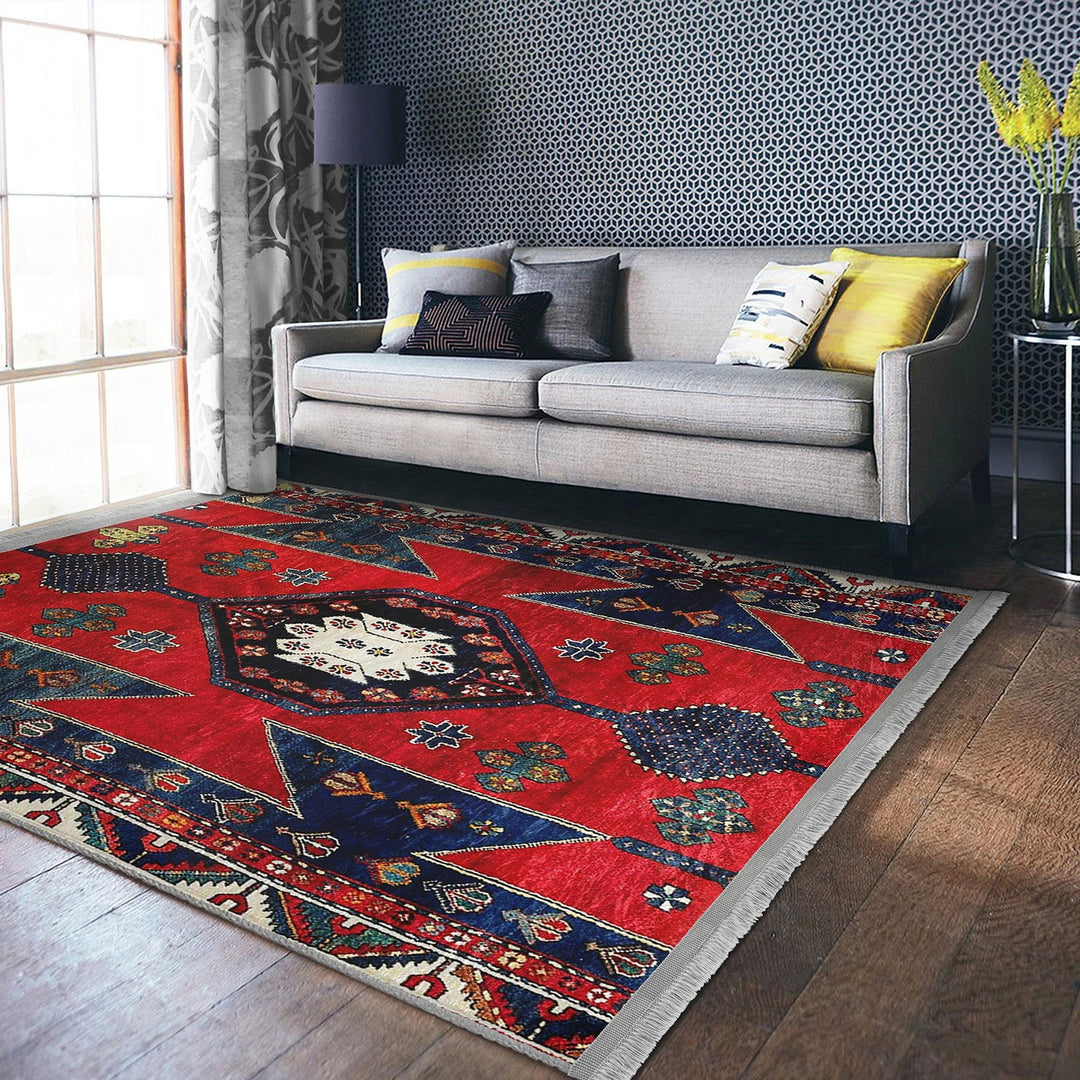 Rug Design Carpet|Ethnic Geometric Rug|Kilim Design Carpet|Anatolian Fringed Floor Covering|Rustic Pattern Machine-Washable Non-Slip Rug