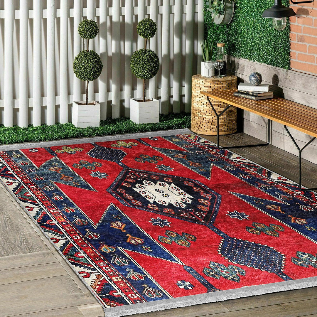 Rug Design Carpet|Ethnic Geometric Rug|Kilim Design Carpet|Anatolian Fringed Floor Covering|Rustic Pattern Machine-Washable Non-Slip Rug